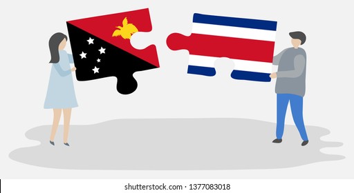 Couple holding two puzzles pieces with Papuan and Costa Rican flags. Papua New Guinea and Costa Rica national symbols together.