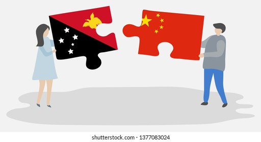 Couple holding two puzzles pieces with Papuan and Chinese flags. Papua New Guinea and China national symbols together.