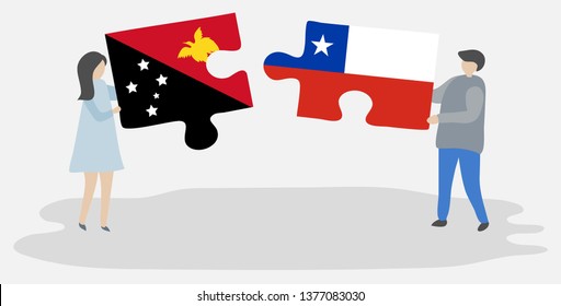 Couple holding two puzzles pieces with Papuan and Chilean flags. Papua New Guinea and Chile national symbols together.