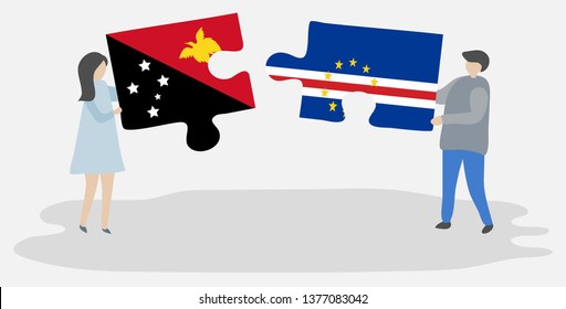 Couple holding two puzzles pieces with Papuan and Cabo Verdean flags. Papua New Guinea and Cape Verde national symbols together.