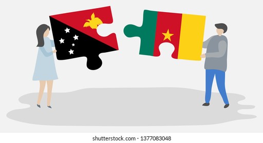 Couple holding two puzzles pieces with Papuan and Cameroonian flags. Papua New Guinea and Cameroon national symbols together.