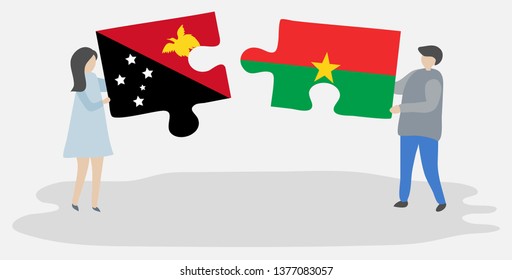 Couple holding two puzzles pieces with Papuan and Burkinabe flags. Papua New Guinea and Burkina Faso national symbols together.