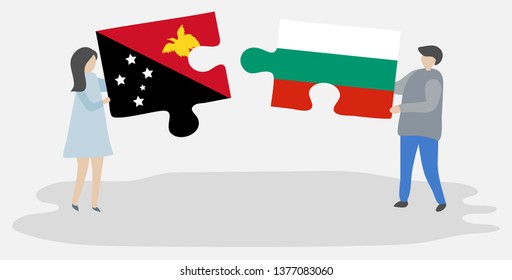 Couple holding two puzzles pieces with Papuan and Bulgarian flags. Papua New Guinea and Bulgaria national symbols together.