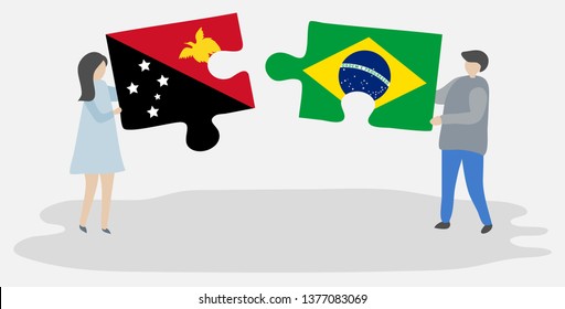Couple holding two puzzles pieces with Papuan and Brazilian flags. Papua New Guinea and Brazil national symbols together.