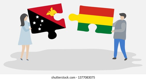 Couple holding two puzzles pieces with Papuan and Bolivian flags. Papua New Guinea and Bolivia national symbols together.