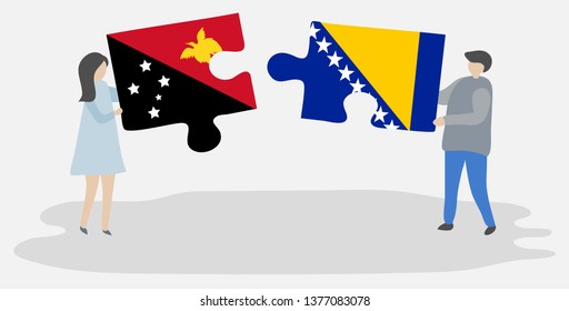 Couple holding two puzzles pieces with Papuan and Bosnian flags. Papua New Guinea and Bosnia and Herzegovina national symbols together.