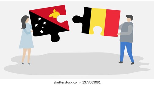 Couple holding two puzzles pieces with Papuan and Belgian flags. Papua New Guinea and Belgium national symbols together.