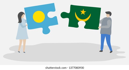 Couple holding two puzzles pieces with Palauan and Mauritanian flags. Palau and Mauritania national symbols together.