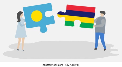 Couple holding two puzzles pieces with Palauan and Mauritian flags. Palau and Mauritius national symbols together.