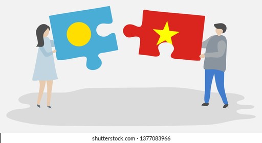 Couple holding two puzzles pieces with Palauan and Vietnamese flags. Palau and Vietnam national symbols together.