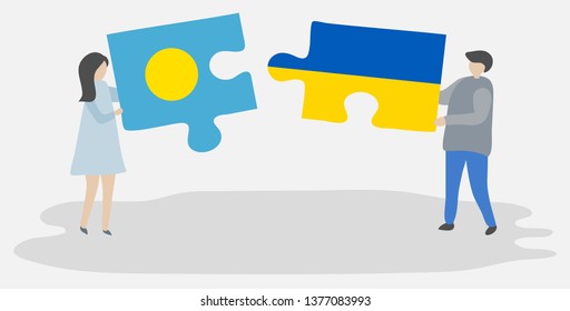 Couple holding two puzzles pieces with Palauan and Ukrainian flags. Palau and Ukraine national symbols together.