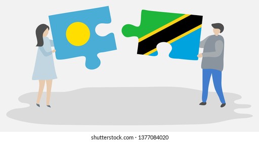 Couple holding two puzzles pieces with Palauan and Tanzanian flags. Palau and Tanzania national symbols together.