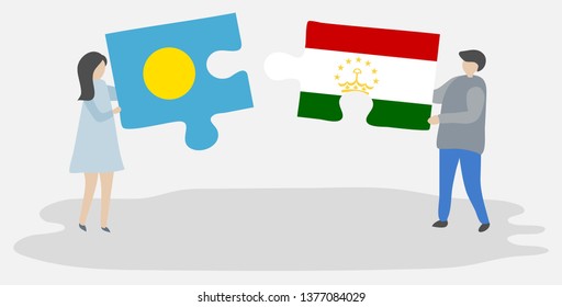 Couple holding two puzzles pieces with Palauan and Tajikistani flags. Palau and Tajikistan national symbols together.