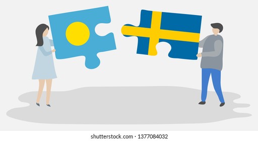 Couple holding two puzzles pieces with Palauan and Swedish flags. Palau and Sweden national symbols together.
