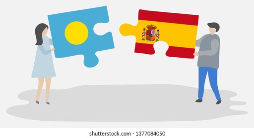 Couple holding two puzzles pieces with Palauan and Spanish flags. Palau and Spain national symbols together.