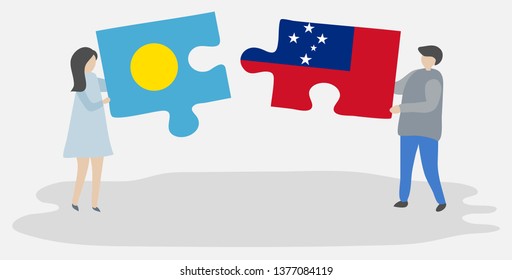 Couple Holding Two Puzzles Pieces With Palauan And Samoan Flags. Palau And Samoa National Symbols Together.