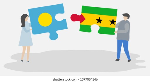 Couple holding two puzzles pieces with Palauan and Sao Tomean flags. Palau and Sao Tome and Principe national symbols together.