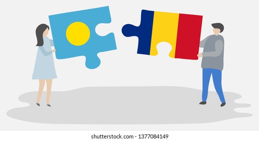 Couple holding two puzzles pieces with Palauan and Romanian flags. Palau and Romania national symbols together.