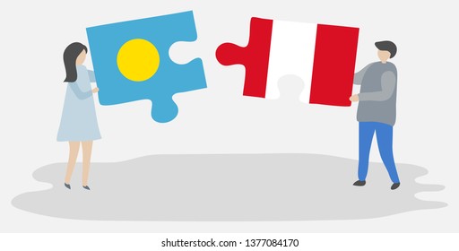 Couple holding two puzzles pieces with Palauan and Peruvian flags. Palau and Peru national symbols together.