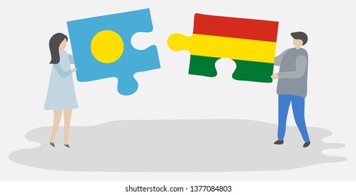 Couple holding two puzzles pieces with Palauan and Bolivian flags. Palau and Bolivia national symbols together.
