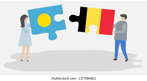 Couple holding two puzzles pieces with Palauan and Belgian flags. Palau and Belgium national symbols together.