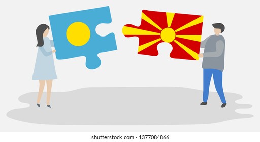 Couple holding two puzzles pieces with Palauan and Macedonian flags. Palau and Macedonia national symbols together.