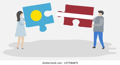 Couple holding two puzzles pieces with Palauan and Latvian flags. Palau and Latvia national symbols together.