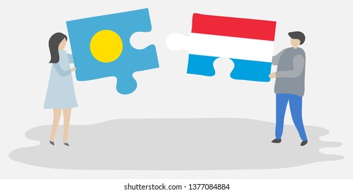 Couple holding two puzzles pieces with Palauan and Luxembourgish flags. Palau and Luxembourg national symbols together.
