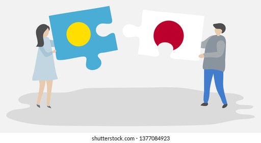 Couple holding two puzzles pieces with Palauan and Japanese flags. Palau and Japan national symbols together.