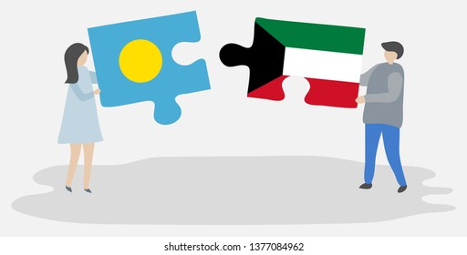 Couple holding two puzzles pieces with Palauan and Kuwaiti flags. Palau and Kuwait national symbols together.