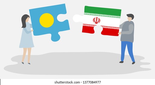 Couple holding two puzzles pieces with Palauan and Iranian flags. Palau and Iran national symbols together.