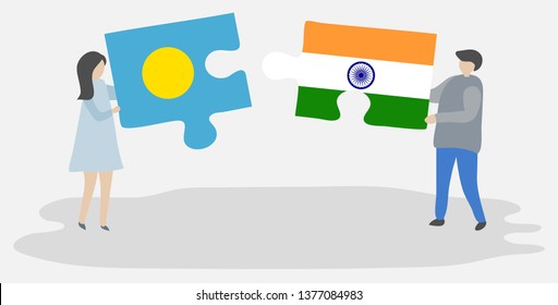 Couple holding two puzzles pieces with Palauan and Indian flags. Palau and India national symbols together.