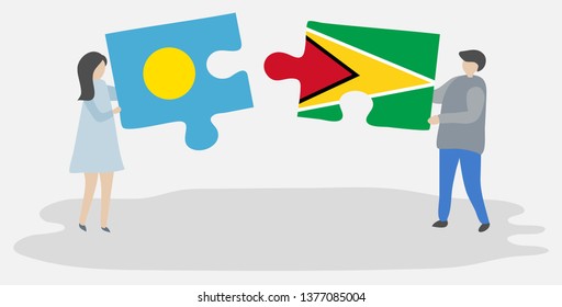 Couple holding two puzzles pieces with Palauan and Guyanese flags. Palau and Guyana national symbols together.