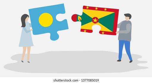 Couple holding two puzzles pieces with Palauan and Grenadian flags. Palau and Grenada national symbols together.