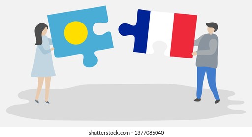 Couple holding two puzzles pieces with Palauan and French flags. Palau and France national symbols together.