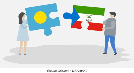 Couple holding two puzzles pieces with Palauan and Equatorial Guinean flags. Palau and Equatorial Guinea national symbols together.