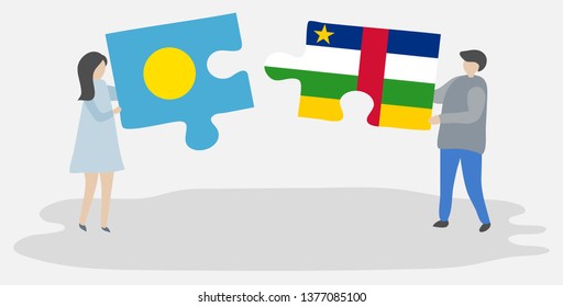 Couple holding two puzzles pieces with Palauan and Central African flags. Palau and Central African Republic national symbols together.