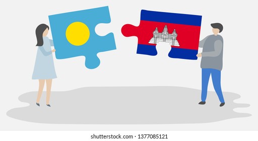 Couple holding two puzzles pieces with Palauan and Cambodian flags. Palau and Cambodia national symbols together.