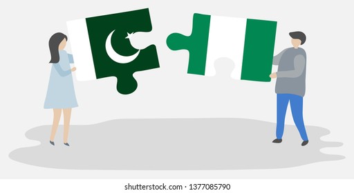 Couple holding two puzzles pieces with Pakistani and Nigerian flags. Pakistan and Nigeria national symbols together.