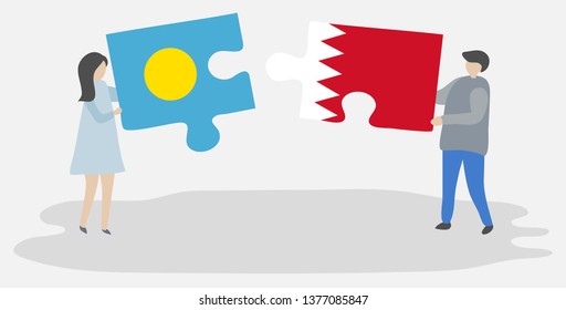 Couple holding two puzzles pieces with Palauan and Bahraini flags. Palau and Bahrain national symbols together.