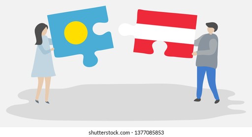 Couple holding two puzzles pieces with Palauan and Austrian flags. Palau and Austria national symbols together.