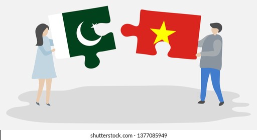 Couple holding two puzzles pieces with Pakistani and Vietnamese flags. Pakistan and Vietnam national symbols together.