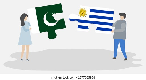 Couple holding two puzzles pieces with Pakistani and Uruguayan flags. Pakistan and Uruguay national symbols together.