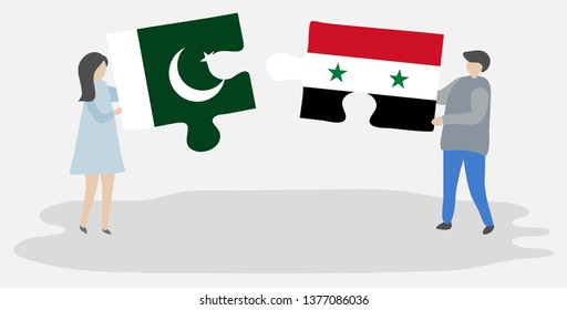 Couple holding two puzzles pieces with Pakistani and Syrian flags. Pakistan and Syria national symbols together.