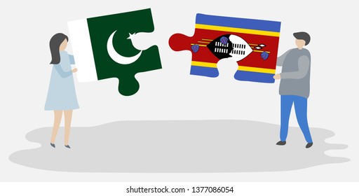 Couple holding two puzzles pieces with Pakistani and Swazi flags. Pakistan and Swaziland national symbols together.