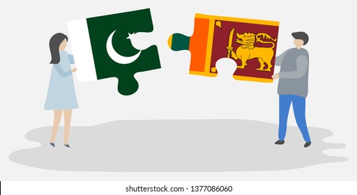 Couple holding two puzzles pieces with Pakistani and Sri Lankan flags. Pakistan and Sri Lanka national symbols together.