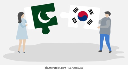 Couple holding two puzzles pieces with Pakistani and South Korean flags. Pakistan and South Korea national symbols together.