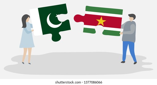 Couple holding two puzzles pieces with Pakistani and Surinamese flags. Pakistan and Suriname national symbols together.