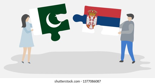Couple holding two puzzles pieces with Pakistani and Serbian flags. Pakistan and Serbia national symbols together.