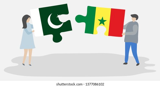 Couple holding two puzzles pieces with Pakistani and Senegalese flags. Pakistan and Senegal national symbols together.